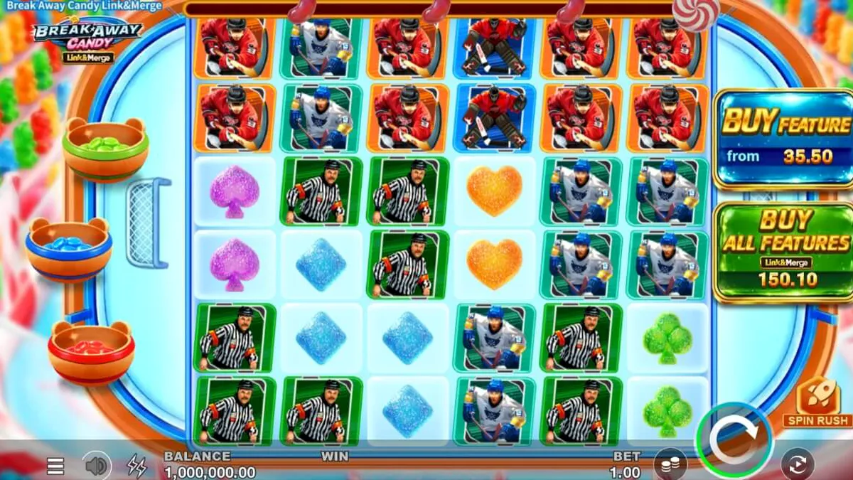 Tampilan antarmuka seluler Break Away Candy Link&Merge dengan grafis permen dan hoki yang cerah