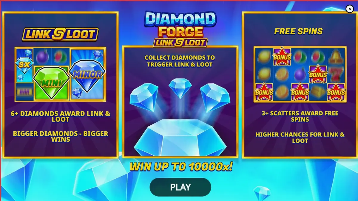 Tampilan visual slot Diamond Forge Link & Loot dengan simbol buah klasik dan elemen berlian.